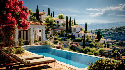 Fototapeta premium House Villa with Pool in Mediterranean Style in the South of Europe Wallpaper Background Brainstorming Generative AI Digital Art Illustration