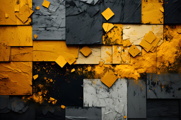Black, gray and yellow abstract wallpapers of mimicking ruined materials. Photorealistic compositions, vibrant color blocks. Industrial fragments. Generative AI