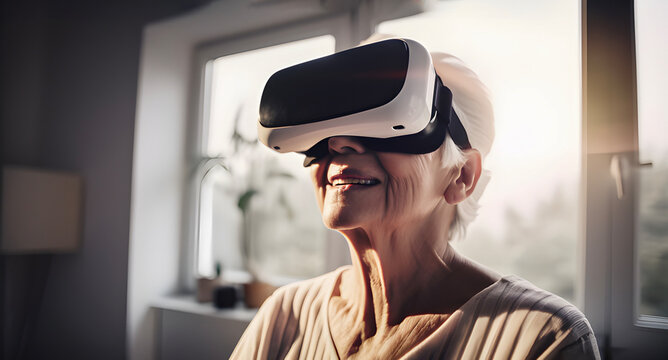 Elderly woman wearing virtual reality headset have fun with technology, smiling face, by the window, sunset light, portrait at home,