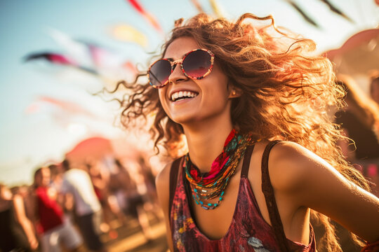 Portrait of a happy young blonde woman having fun on a music festival. High quality photo