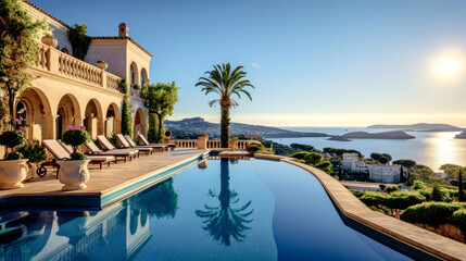 Fototapeta premium House Villa with Pool in Mediterranean Style in the South of Europe Wallpaper Background Brainstorming Generative AI Digital Art Illustration