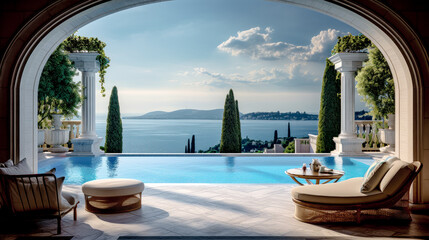 Fototapeta premium House Villa with Pool in Mediterranean Style in the South of Europe Wallpaper Background Brainstorming Generative AI Digital Art Illustration