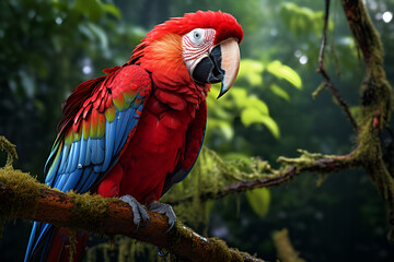 Plakat red and blue macaw. Generative AI.