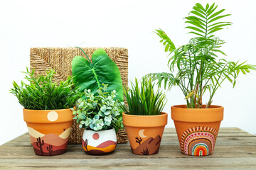 Artificial plants in clay terracotta pots. Ethnic motifs in the interior.