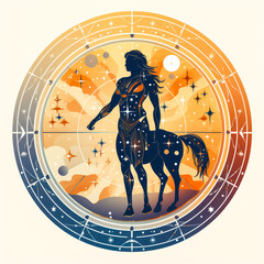 Mystical Sagittarius sign in pastel hues; captivating centaur stands in circular design, on a white background with touch of feminine color. Generative AI - obrazy, fototapety, plakaty