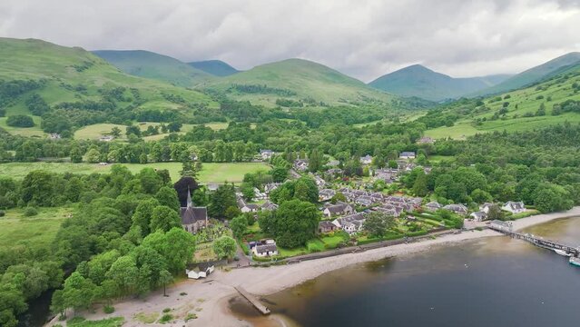 Church in Luss Village from a drone, Loch Lomond, Argyll and Bute, Scotland, UK