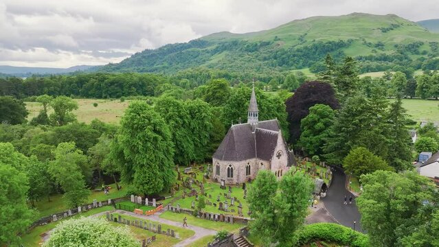 Church in Luss Village from a drone, Loch Lomond, Argyll and Bute, Scotland, UK