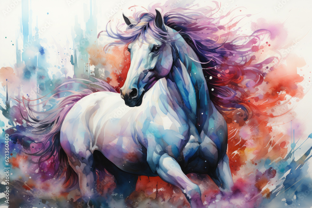Wall mural an ethereal watercolor magical unicorn floral, standing beneath a shimmering waterfall in a hidden f - Wall murals
