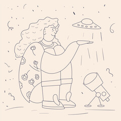 A sitting girl holds in her hand on the palm of her hand a small UFO that flies away a contour drawing in the corporate Memphis style