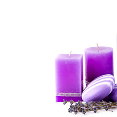 Obraz na płótnie Canvas Lavender scented candle and soap isolated on white .