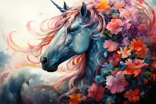 An ethereal watercolor magical unicorn floral, gracefully gliding through a field of glowing mushrooms, their soft radiance illuminating the unicorn's floral patterns, Generative Ai