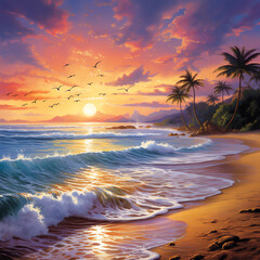 beach location with a beautiful sunset and clear blue waves