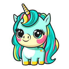Little cute cartoon unicorn with colorful mane and horn. Sticker in a children's theme. Flat style. Vector illustration.
