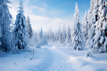 snow covered trees in the forest. snow-covered forest in winter. Generative AI.