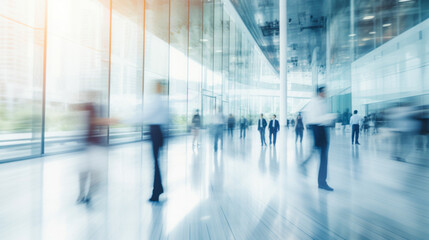 motion blur image of business people crowd walking at corporate office in city downtown, blurred background, business center concept, Generative AI