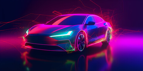 Fototapeta na wymiar Electric car futuristic neon banner on dark background. AI generated