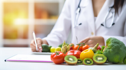 fresh vegetable and fruit on desk with nutritionist female doctor working at office hospital, nutrition, diet plan, nutrition, food science, healthy food concept, Generative AI