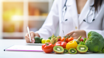 fresh vegetable and fruit on desk with nutritionist female doctor working at office hospital,...