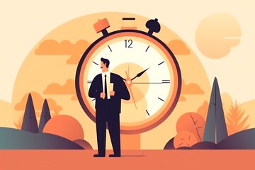 Man or businessman holding clock or watch on hands, time management and business concept