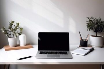 Fototapeta premium desktop with flower, notebook and office supplies on a colored background.Generative AI