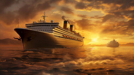 big cruise ship at sunset. Generative Ai. 