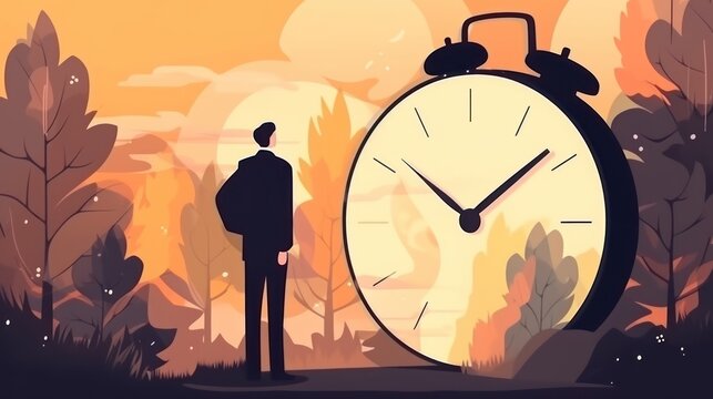 Man or businessman holding clock or watch on hands, time management and business concept