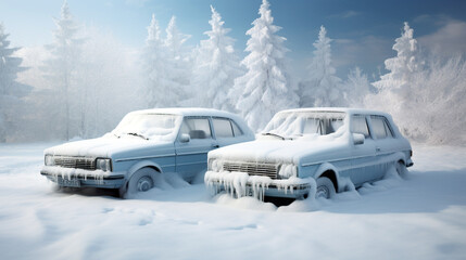 where cars are covered with snow against the backdrop of a winter forest. Generative Ai. 