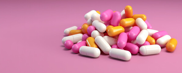 Obraz na płótnie Canvas close-up of capsules lying on a pink background. Generative Ai. 