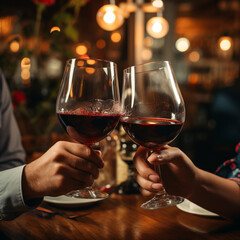 romantic party in a restaurant. two people with glasses of red wine. Generative Ai. 