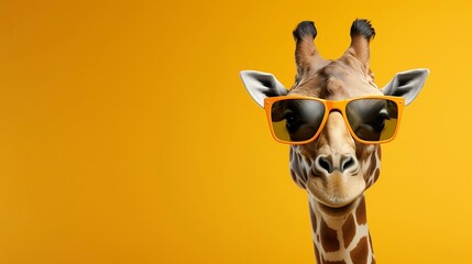 Funny stylish fashionable cartoon giraffe in sunglasses close up isolated on orange background with copy space, horizontal promo banner, children's parties and zoo - obrazy, fototapety, plakaty