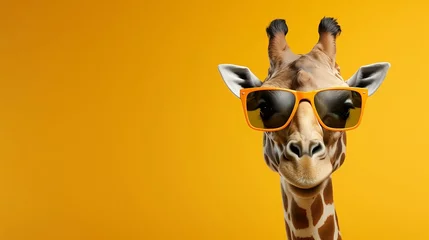 Foto auf Acrylglas Antireflex Funny stylish fashionable cartoon giraffe in sunglasses close up isolated on orange background with copy space, horizontal promo banner, children's parties and zoo © ISVO