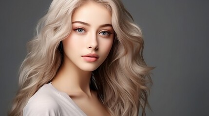 Fototapeta premium Portrait of a young beautiful woman with natural professional makeup, perfect clean skin and long blond curly hair. Gray background with copy space. Beauty skin care