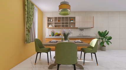 Kitchen interior 3d render, 3d illustration