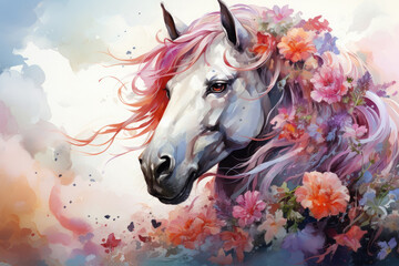 A mystical watercolor magical unicorn floral amidst a lush forest, where the unicorn's presence sparks the growth of extraordinary flowers, their petals adorned with intricate patterns, Generative Ai