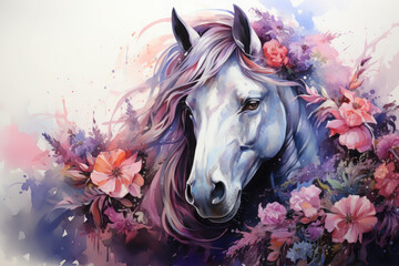 Obraz na płótnie Canvas A mystical watercolor magical unicorn floral amidst a lush forest, where the unicorn's presence sparks the growth of extraordinary flowers, their petals adorned with intricate patterns, Generative Ai