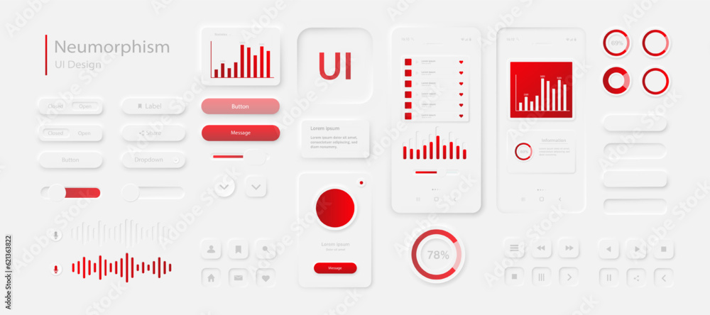Poster a set of user interface elements for a mobile application in white and red. user interface icons for