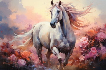 Naklejka na ściany i meble A captivating watercolor magical unicorn floral with the unicorn gracefully trotting through a field of blooming flowers, their vibrant colors and delicate forms creating a sense, Generative Ai