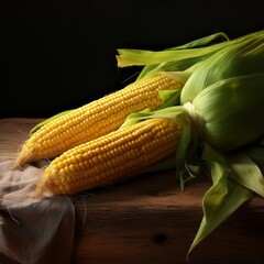 Agriculture harvest Food photography background square - Ripe corn on the cob on a dark wooden table (Generative Ai)