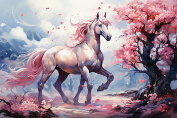 Plakat A captivating watercolor magical unicorn floral with the unicorn gracefully trotting through a field of blooming flowers, their vibrant colors and delicate forms creating a sense, Generative Ai