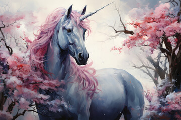 Fototapeta na wymiar A captivating watercolor magical unicorn floral with the unicorn gracefully trotting through a field of blooming flowers, their vibrant colors and delicate forms creating a sense, Generative Ai