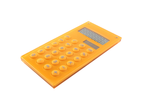 rectangle orange calculator with round push button isolated on transparent