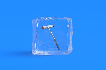 Croquet mallet in ice cube. 3d illustration