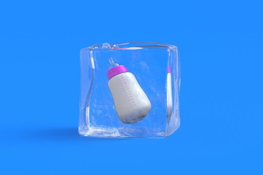 Baby milk bottle in ice cube. 3d illustration