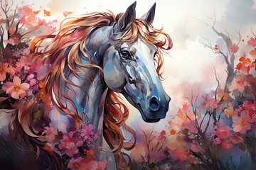A whimsical watercolor magical unicorn floral nestled in a hidden grove, where the unicorn stands among a tapestry of enchanting flowers, their petals shimmering with a hint of magic, Generative Ai