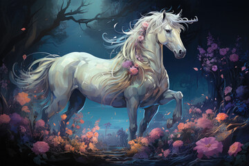 Fototapeta na wymiar A whimsical watercolor magical unicorn floral nestled in a hidden grove, where the unicorn stands among a tapestry of enchanting flowers, their petals shimmering with a hint of magic, Generative Ai