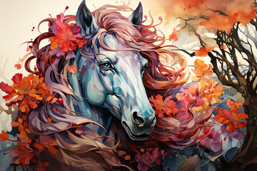 A whimsical watercolor magical unicorn floral nestled in a hidden grove, where the unicorn stands among a tapestry of enchanting flowers, their petals shimmering with a hint of magic, Generative Ai