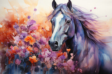 Obraz na płótnie Canvas A whimsical watercolor magical unicorn floral nestled in a hidden grove, where the unicorn stands among a tapestry of enchanting flowers, their petals shimmering with a hint of magic, Generative Ai