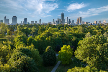 Top drone view of Warsaw from Pole mokotowskie park