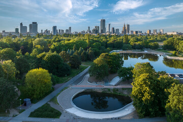Top drone view small lake of Pole mokotowskie park in Warsaw