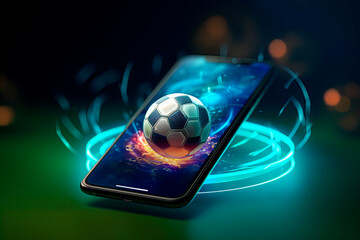 Virtual sports betting on soccer using smartphone, currency and ball. Generative AI	
